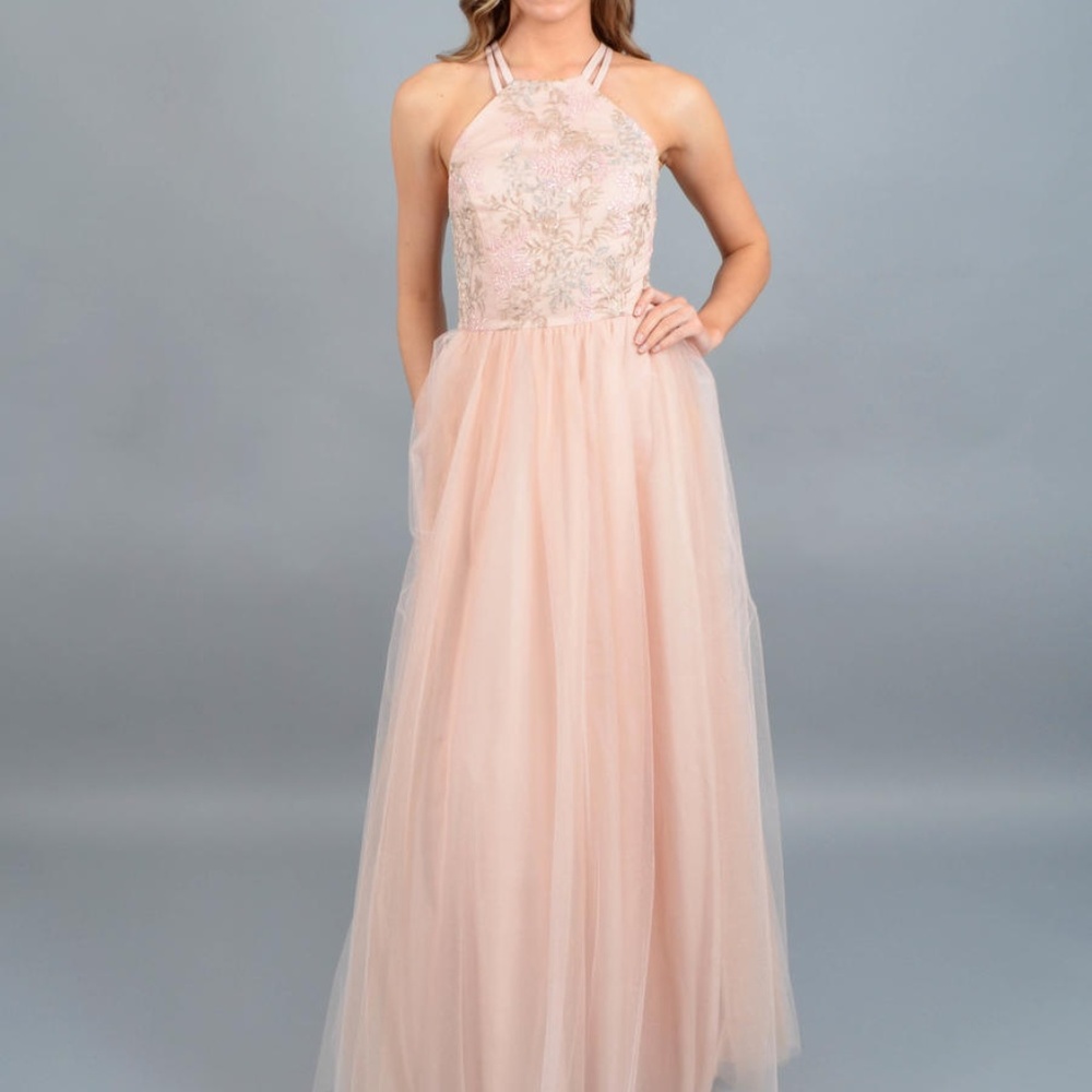 MORGAN & CO - EMBROIDERED HALTER NECK MESH GOWN